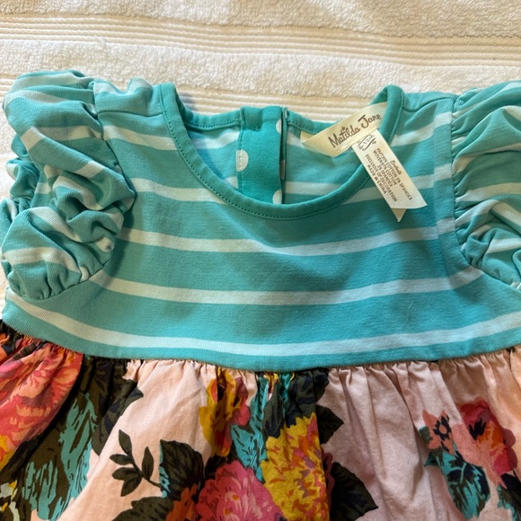 Matilda Jane floral with blue stripes dress size 6-12 months buttons in back - Picture 2 of 5